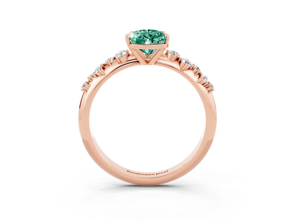 Rose gold Pear Cut Green Sapphire Cluster Side Stone Solitaire Ring with Prong Setting