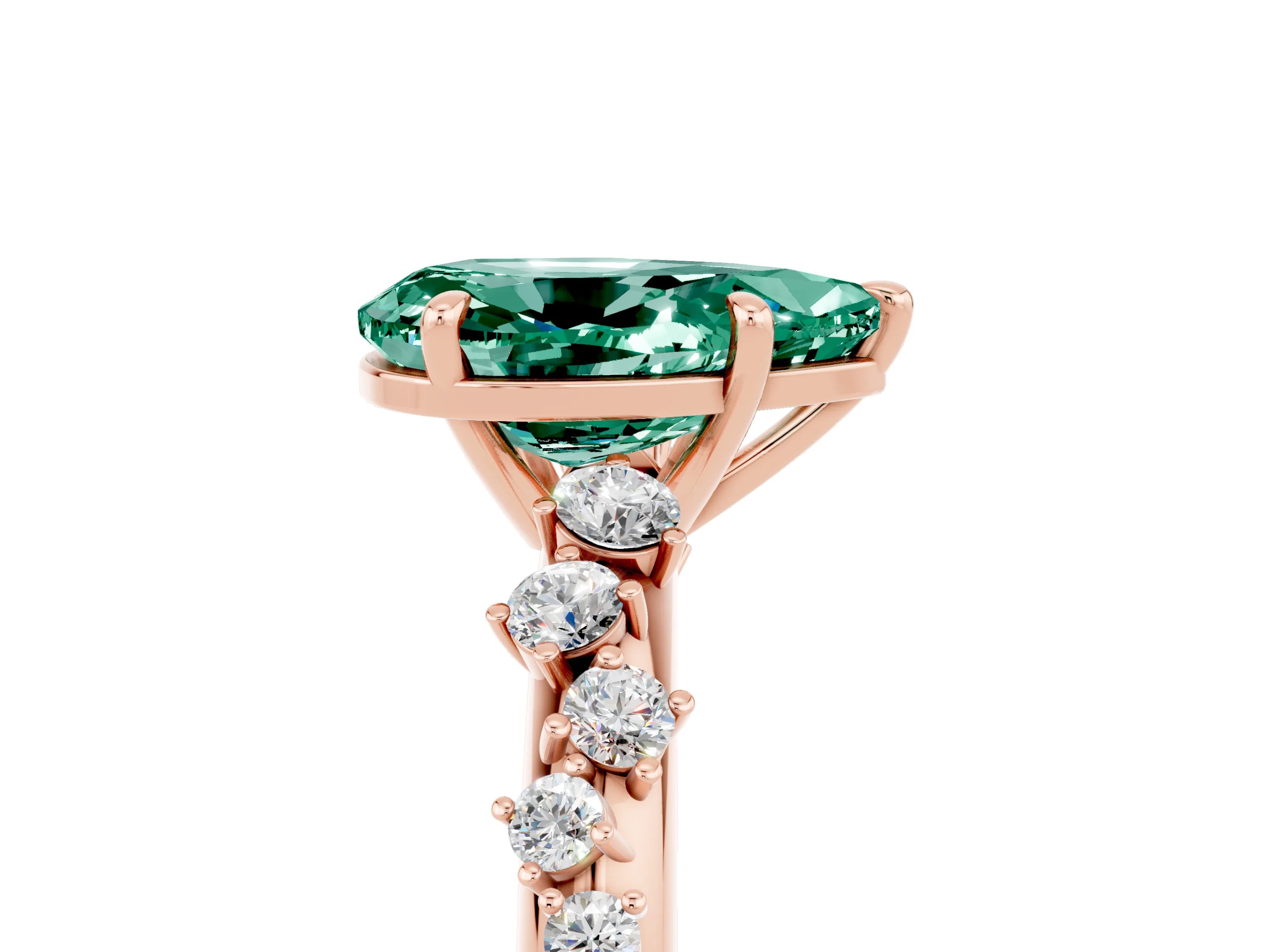 Rose gold Pear Cut Green Sapphire Cluster Side Stone Solitaire Ring with Prong Setting_29