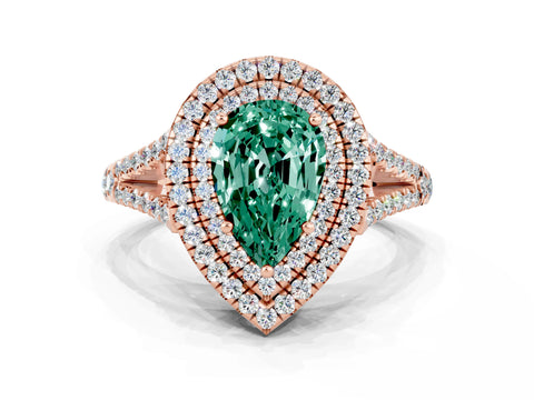 Rose gold Pear Cut Green Sapphire Double Halo Ring with Pavé Band and Prong Setting_12