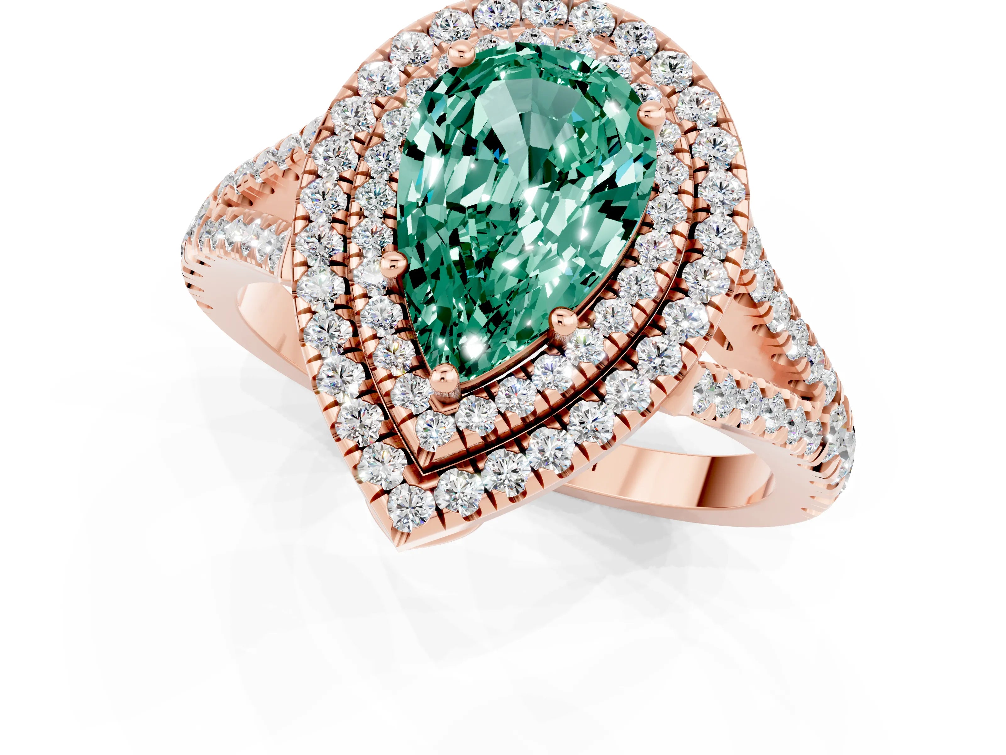 Rose gold Pear Cut Green Sapphire Double Halo Ring with Pavé Band and Prong Setting_13