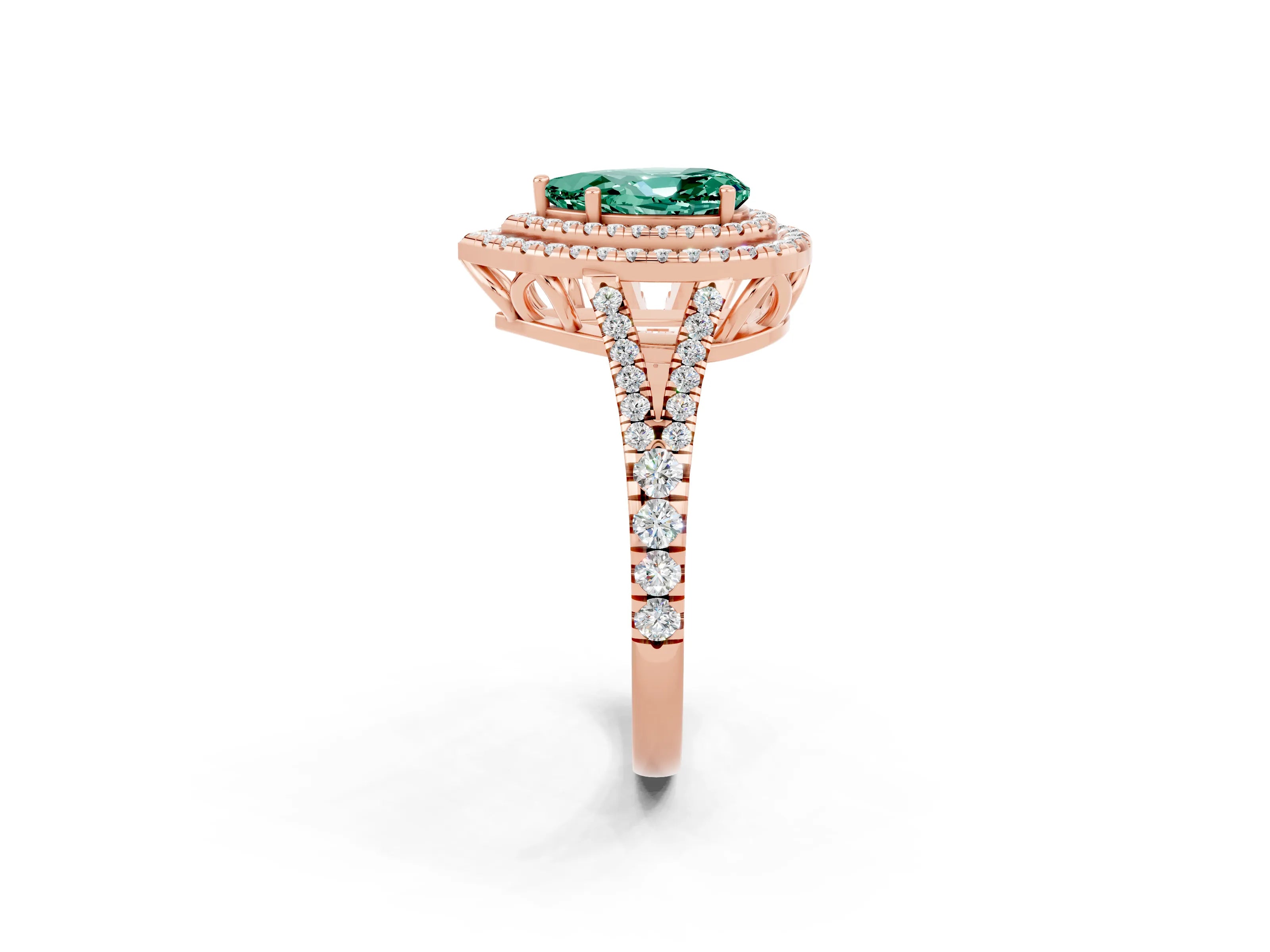Rose gold Pear Cut Green Sapphire Double Halo Ring with Pavé Band and Prong Setting_14