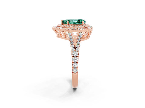 Rose gold Pear Cut Green Sapphire Double Halo Ring with Pavé Band and Prong Setting_14