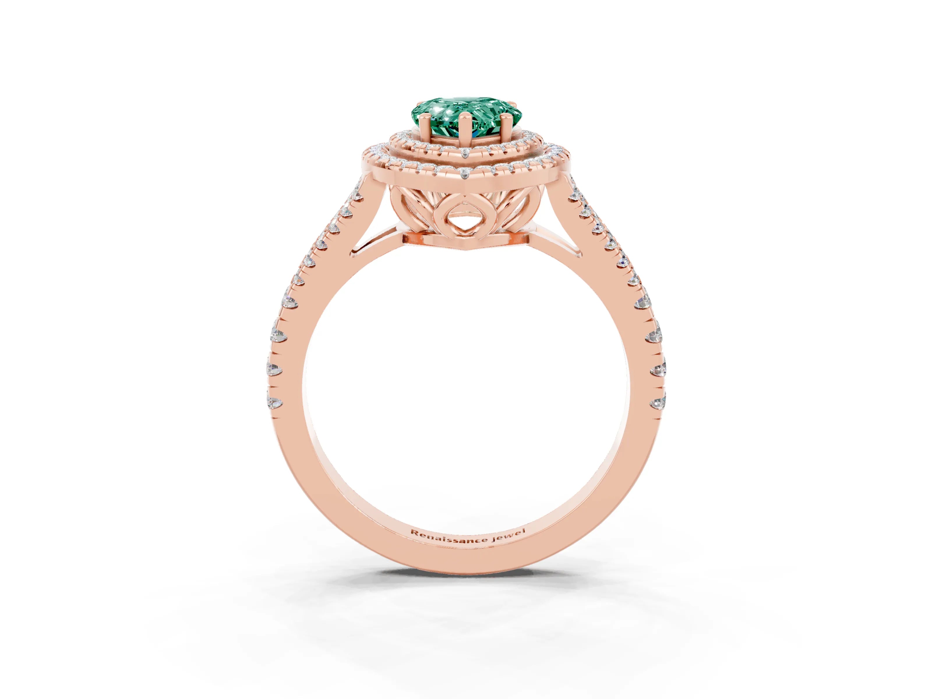 Rose gold Pear Cut Green Sapphire Double Halo Ring with Pavé Band and Prong Setting_15