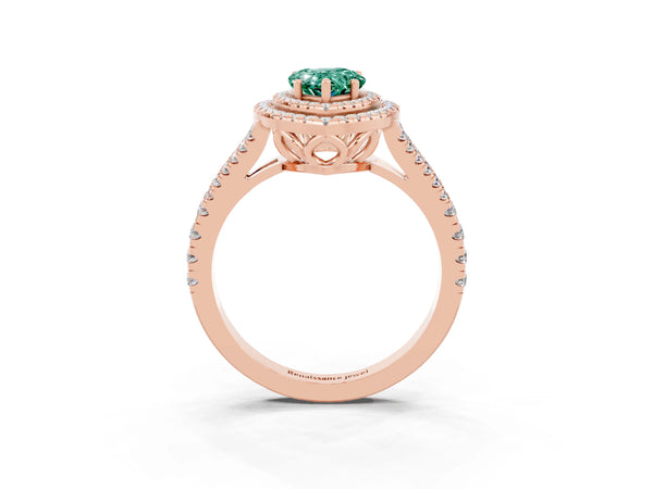 Rose gold Pear Cut Green Sapphire Double Halo Ring with Pavé Band and Prong Setting