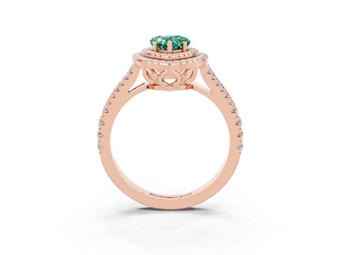 Rose gold Pear Cut Green Sapphire Double Halo Ring with Pavé Band and Prong Setting_15