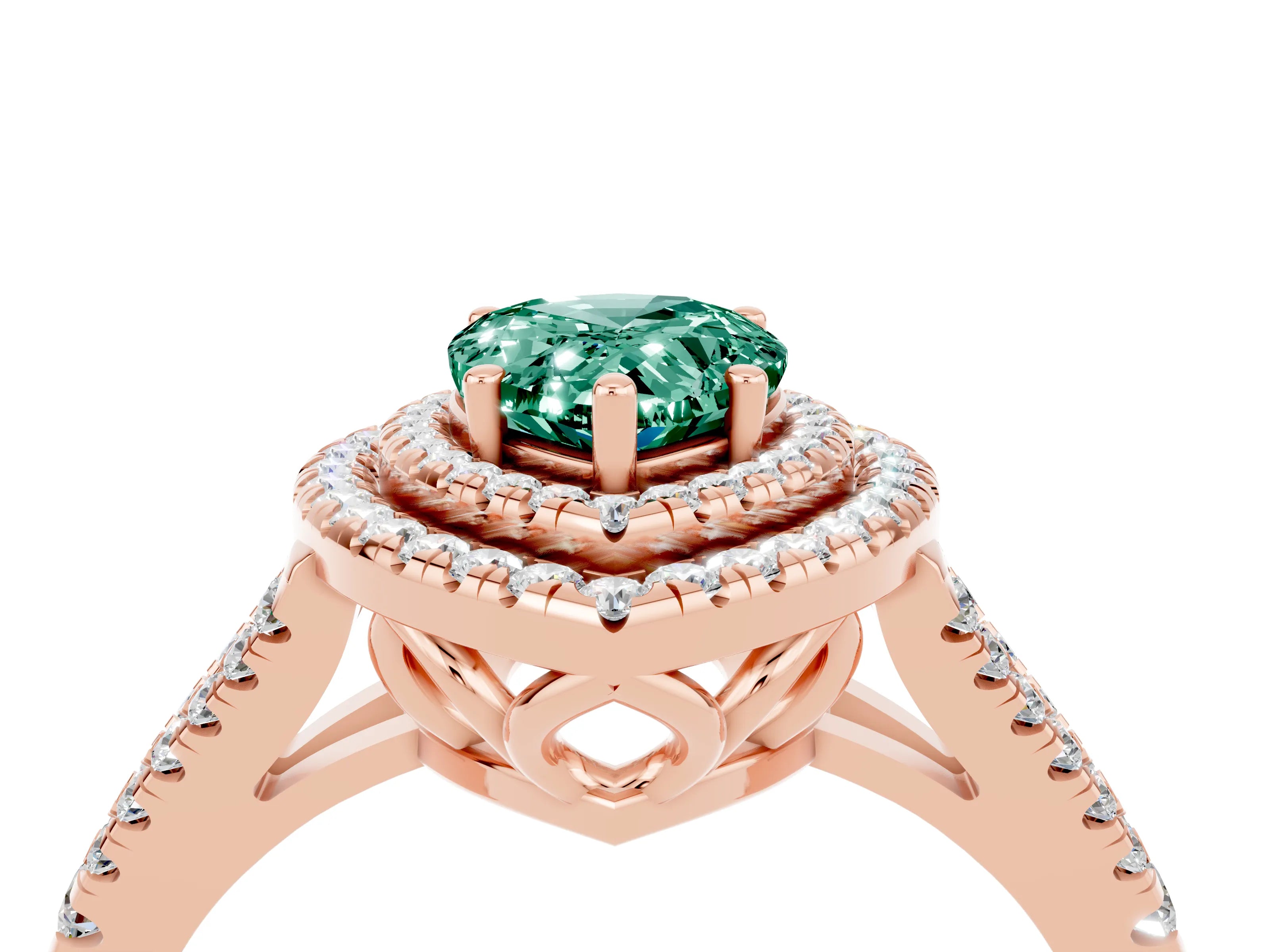 Rose gold Pear Cut Green Sapphire Double Halo Ring with Pavé Band and Prong Setting_16