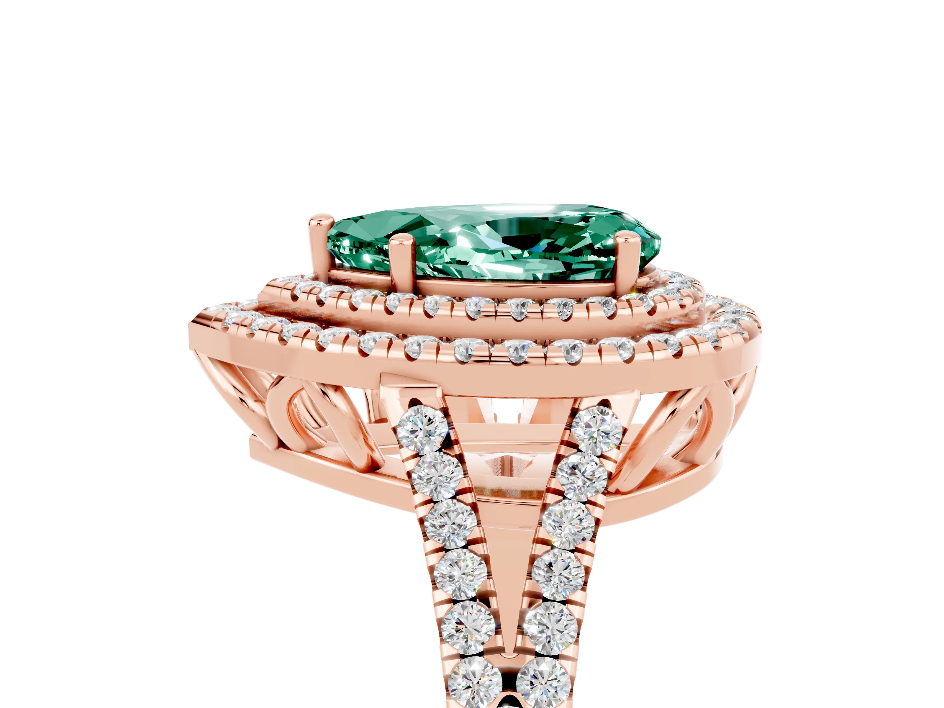 Rose gold Pear Cut Green Sapphire Double Halo Ring with Pavé Band and Prong Setting_17