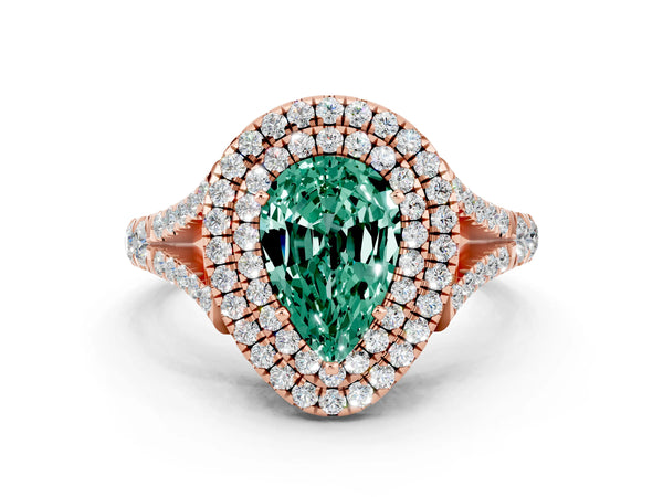 Rose gold Pear Cut Green Sapphire Double Halo Ring with Split Shank and Prong Setting