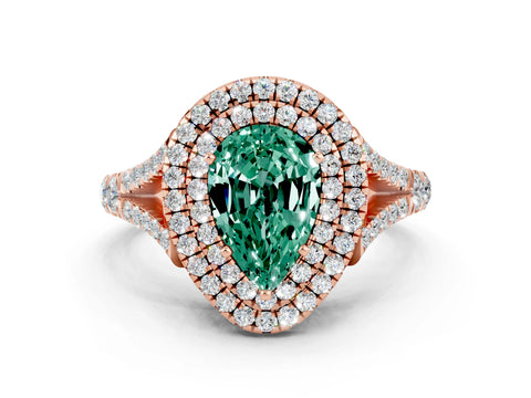 Rose gold Pear Cut Green Sapphire Double Halo Ring with Split Shank and Prong Setting_12