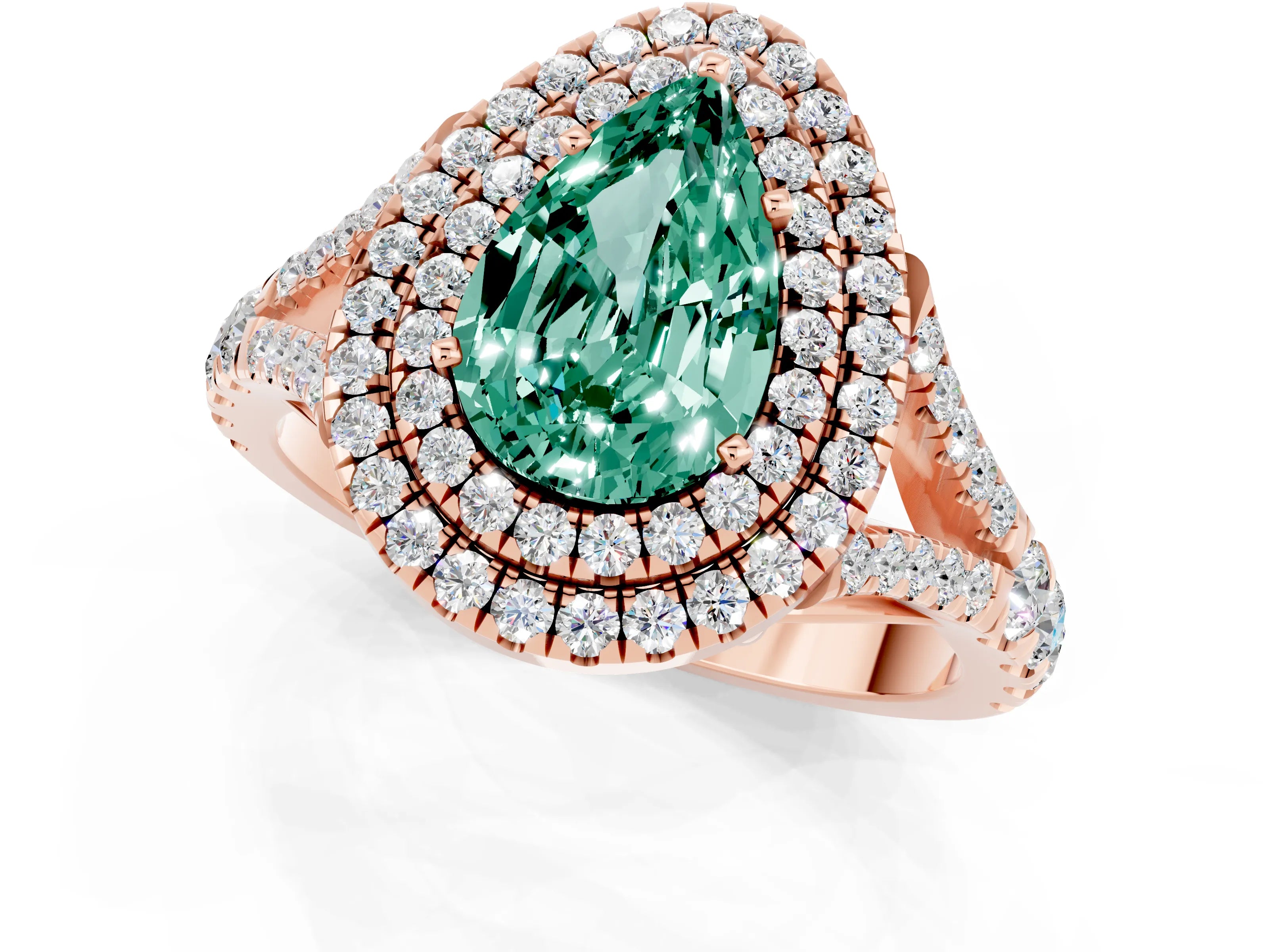Rose gold Pear Cut Green Sapphire Double Halo Ring with Split Shank and Prong Setting_13