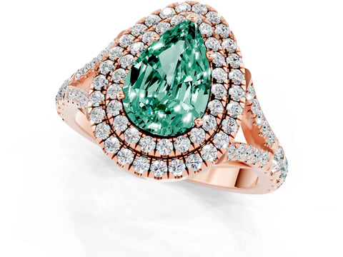 Rose gold Pear Cut Green Sapphire Double Halo Ring with Split Shank and Prong Setting_13