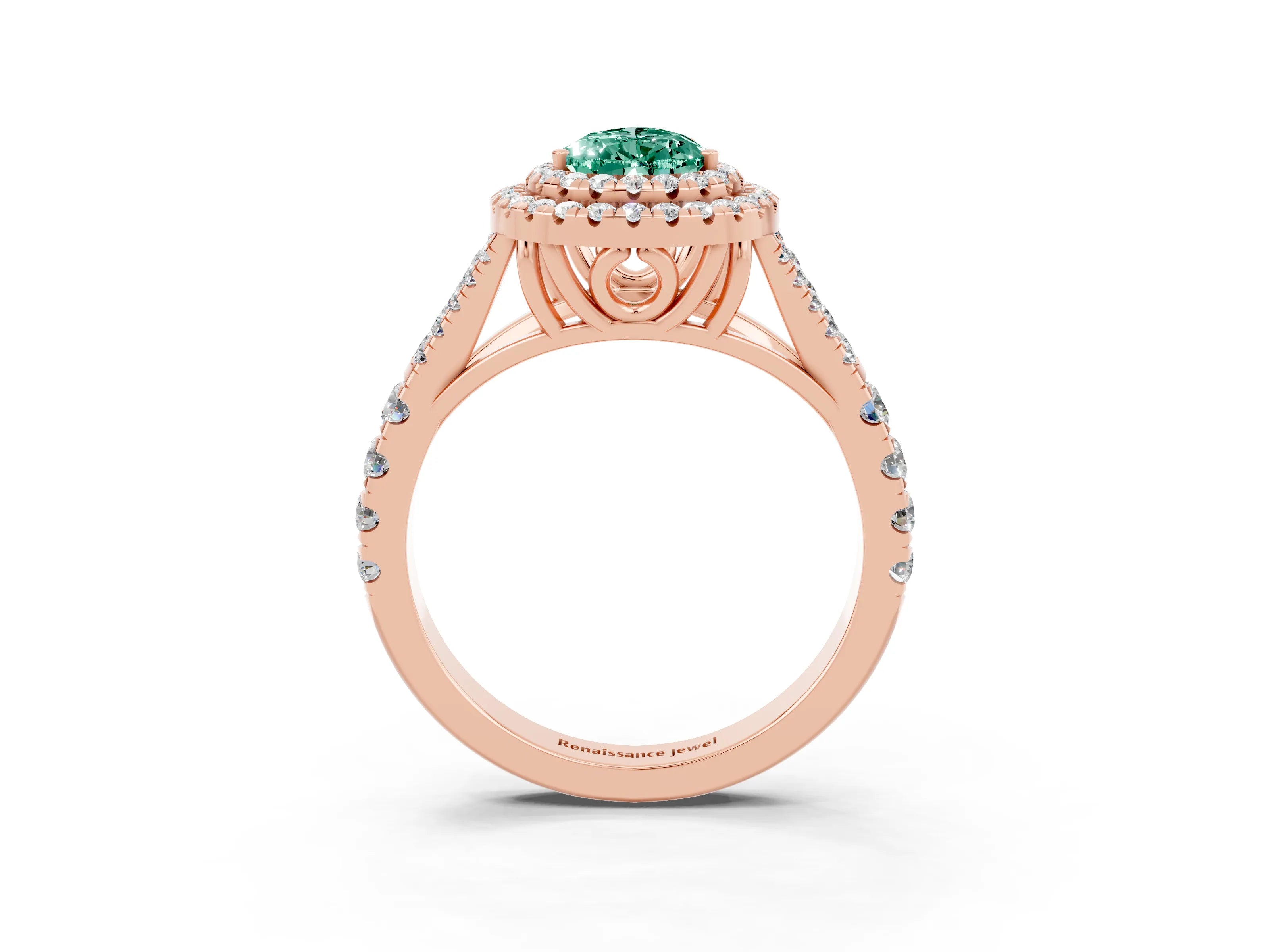 Rose gold Pear Cut Green Sapphire Double Halo Ring with Split Shank and Prong Setting_15