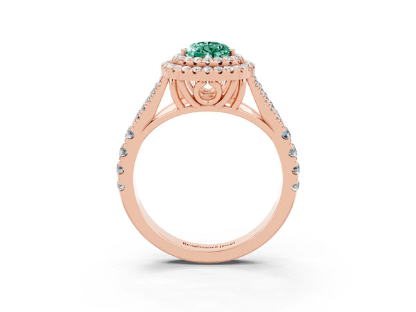 Rose gold Pear Cut Green Sapphire Double Halo Ring with Split Shank and Prong Setting