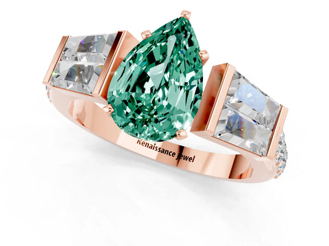 Rose gold Pear Cut Green Sapphire Engagement Ring with Baguette Side Stones and Channel Set Band_1