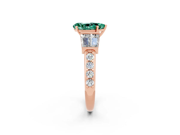 Rose gold Pear Cut Green Sapphire Engagement Ring with Baguette Side Stones and Channel Set Band