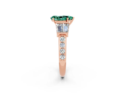 Rose gold Pear Cut Green Sapphire Engagement Ring with Baguette Side Stones and Channel Set Band_2