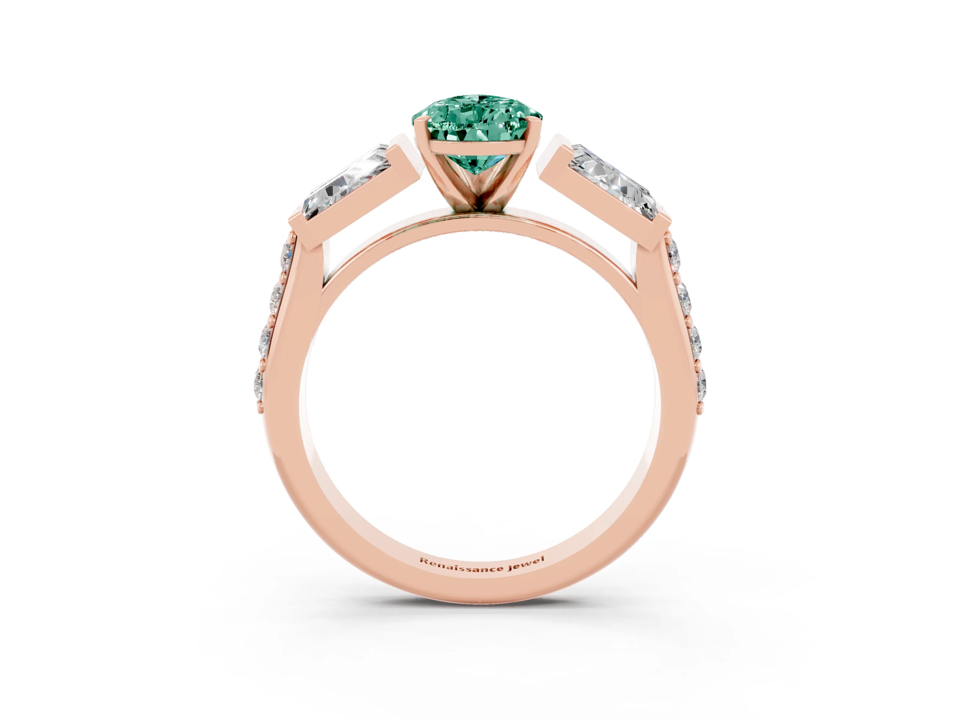 Rose gold Pear Cut Green Sapphire Engagement Ring with Baguette Side Stones and Channel Set Band_3