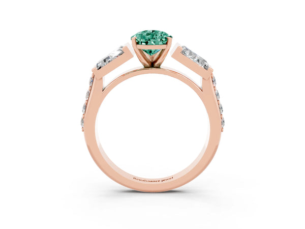 Rose gold Pear Cut Green Sapphire Engagement Ring with Baguette Side Stones and Channel Set Band