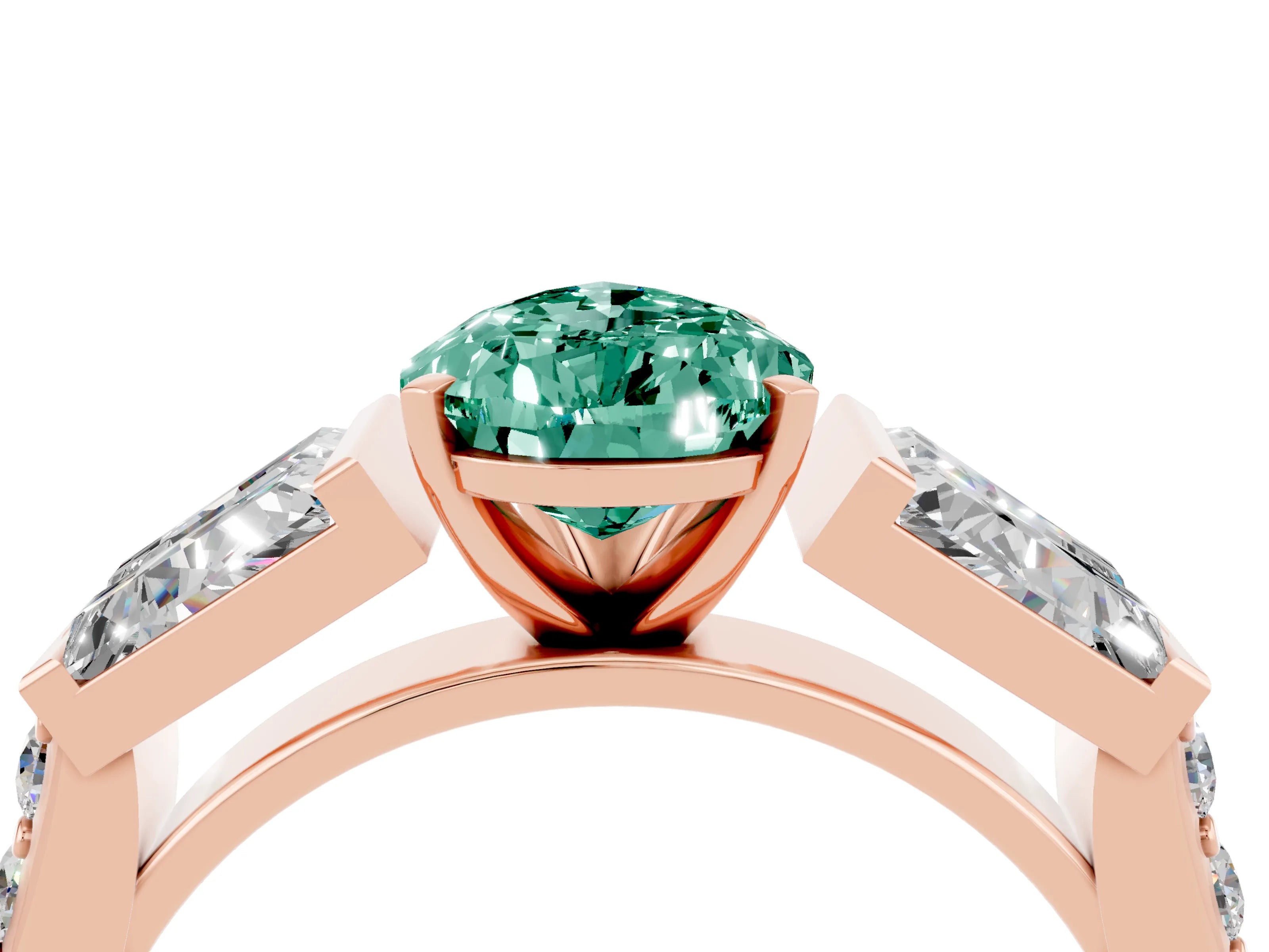 Rose gold Pear Cut Green Sapphire Engagement Ring with Baguette Side Stones and Channel Set Band_4