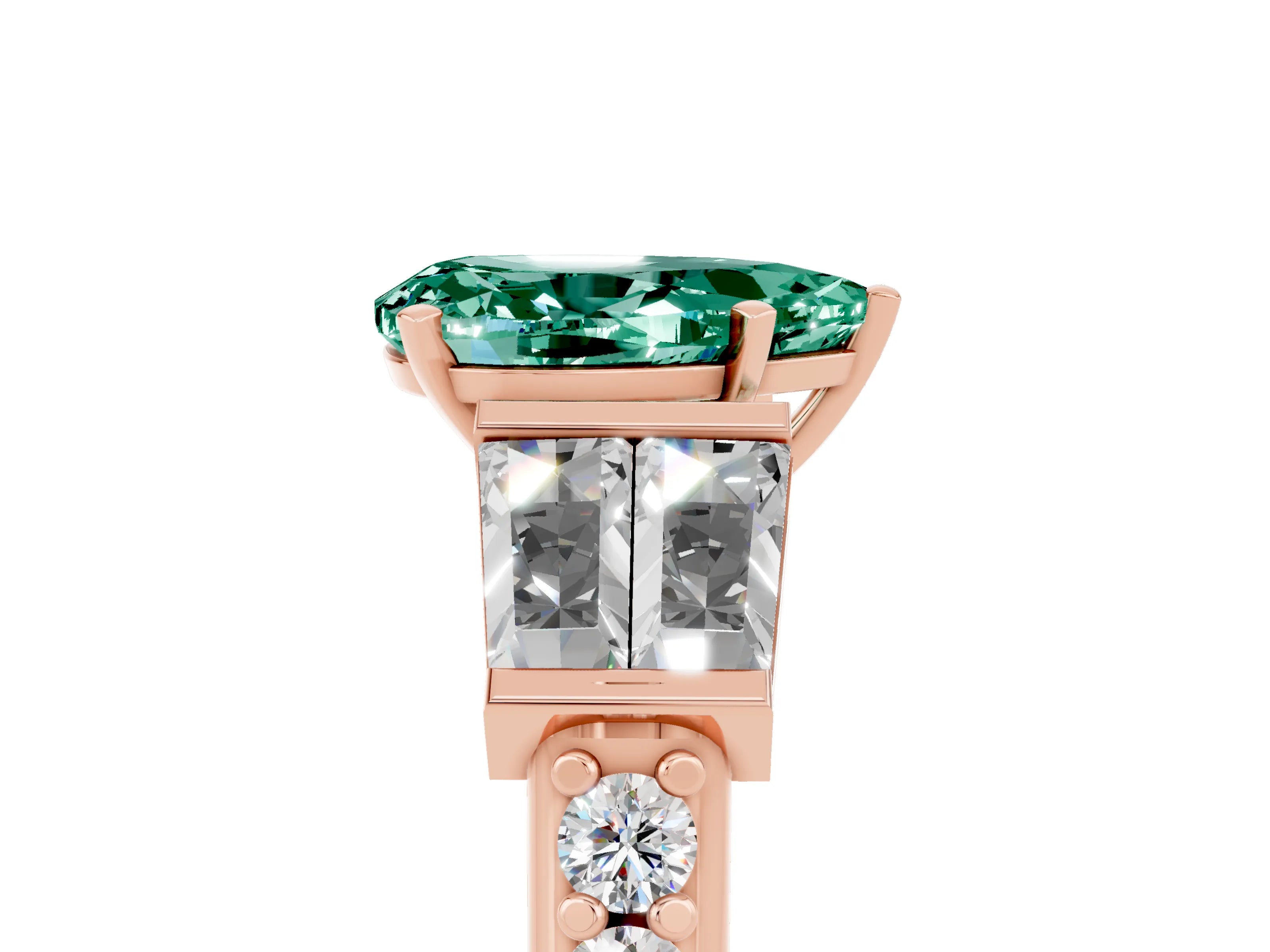 Rose gold Pear Cut Green Sapphire Engagement Ring with Baguette Side Stones and Channel Set Band_5