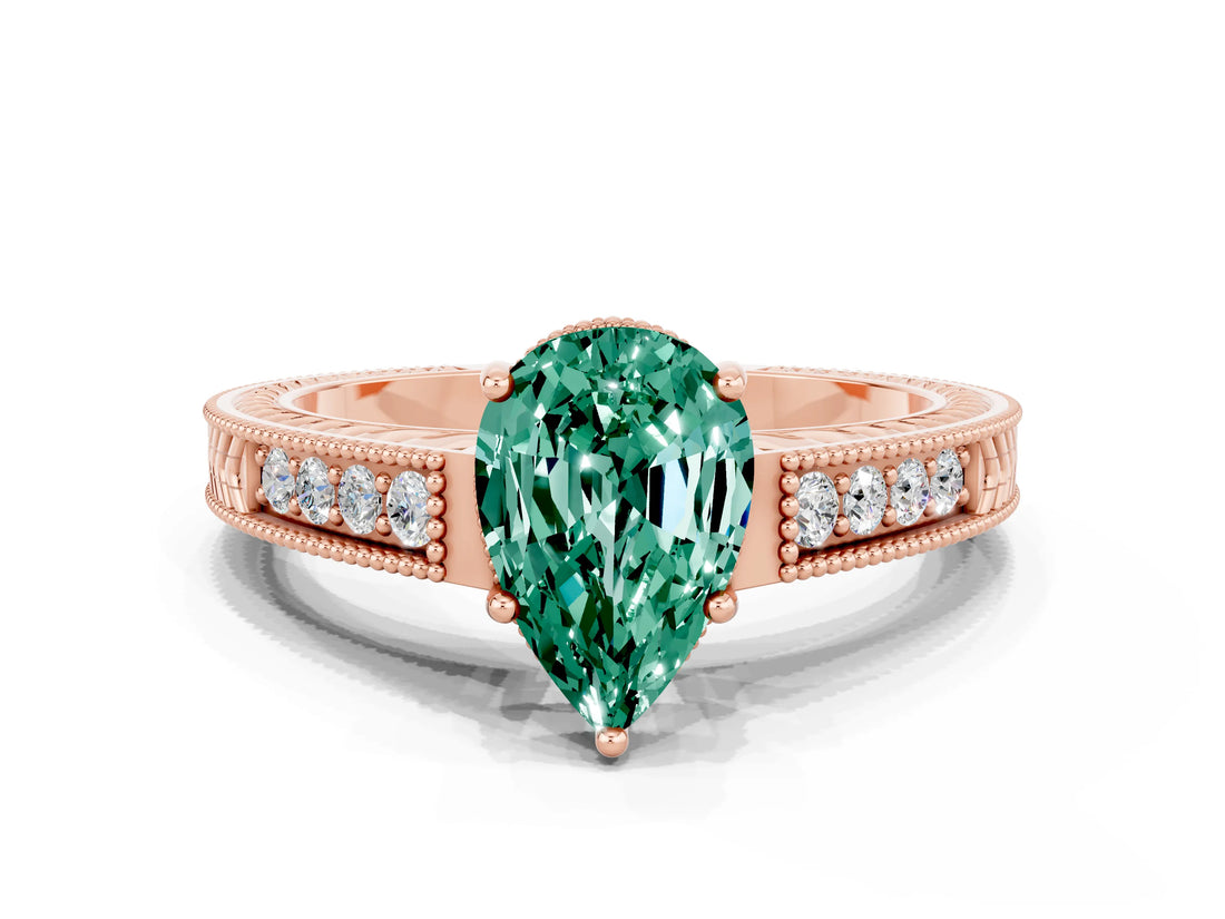 Rose gold Pear Cut Green Sapphire Engagement Ring with Milgrain Channel Set Band and Prong Setting