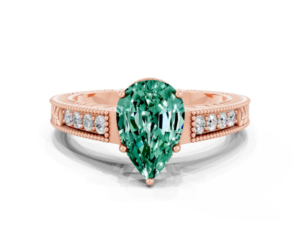 Rose gold Pear Cut Green Sapphire Engagement Ring with Milgrain Channel Set Band and Prong Setting
