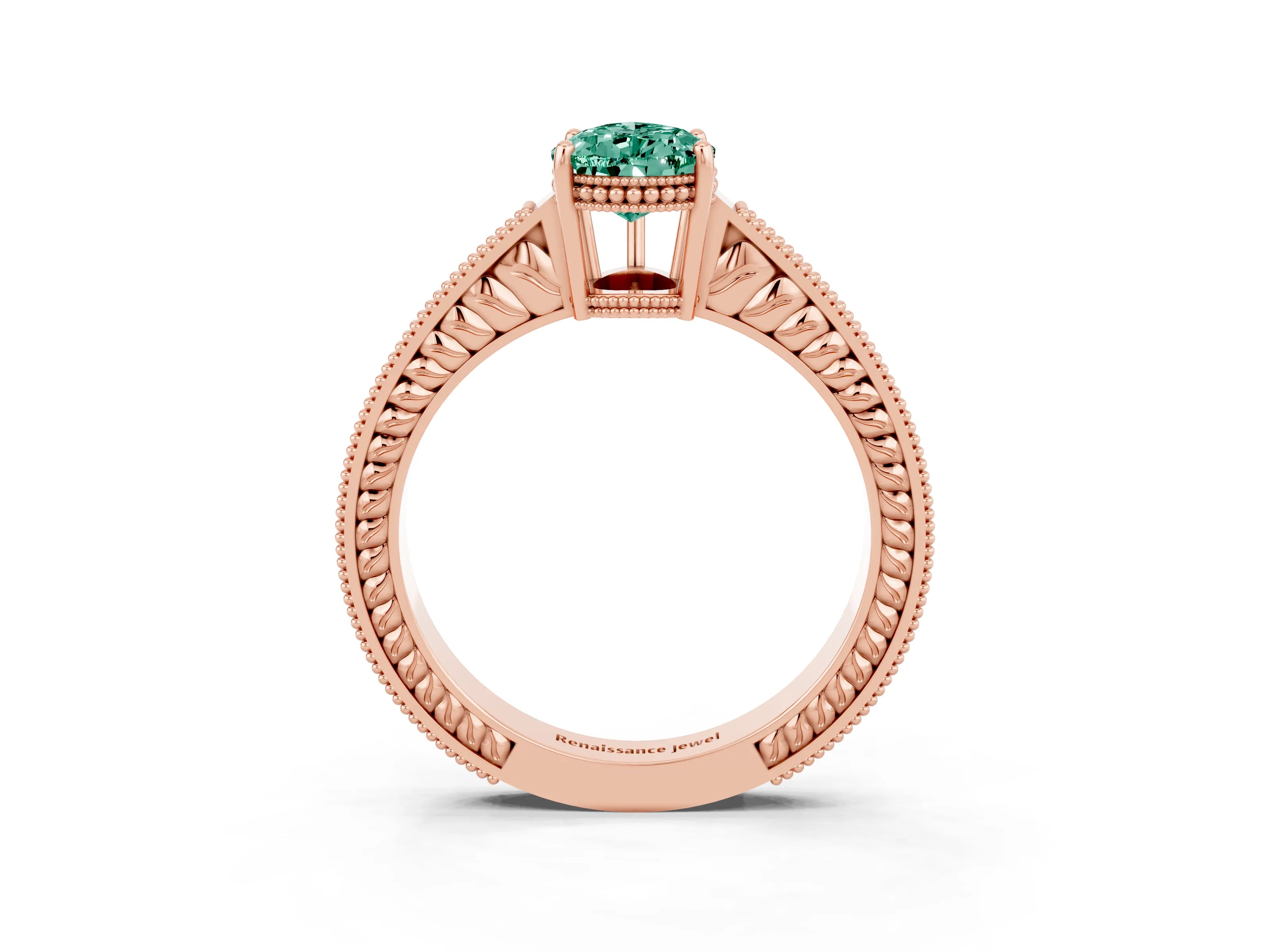Rose gold Pear Cut Green Sapphire Engagement Ring with Milgrain Channel Set Band and Prong Setting_3