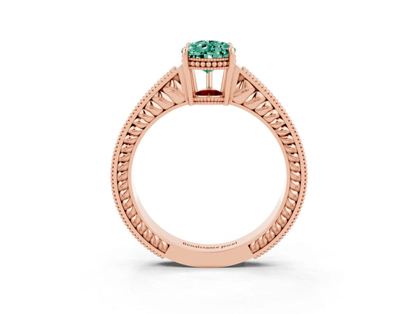 Rose gold Pear Cut Green Sapphire Engagement Ring with Milgrain Channel Set Band and Prong Setting