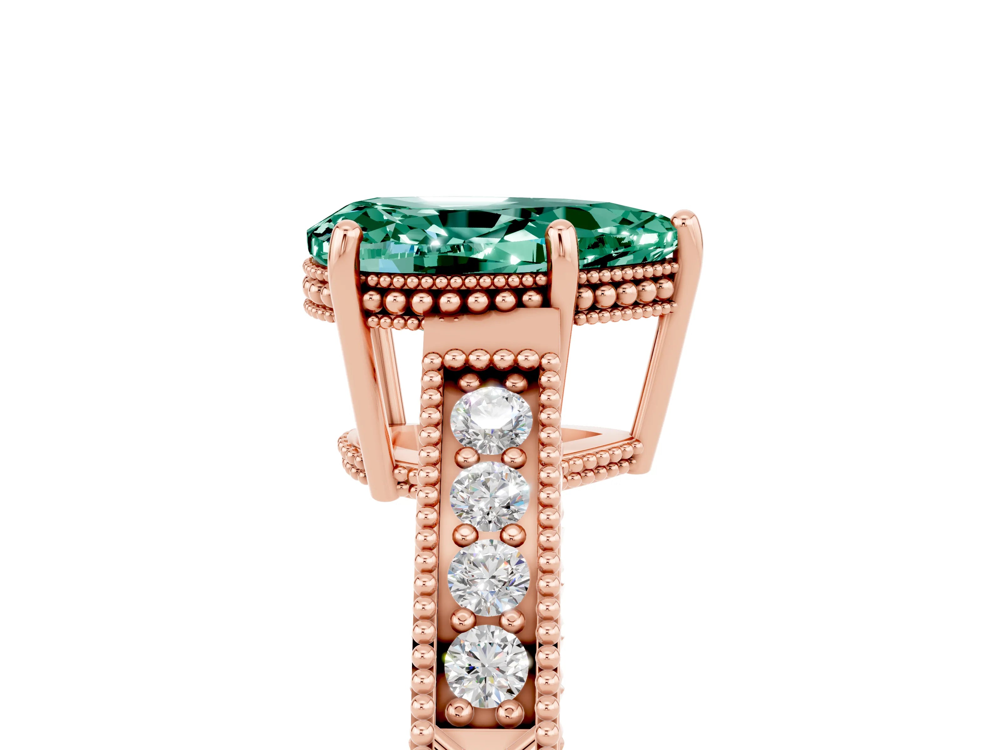 Rose gold Pear Cut Green Sapphire Engagement Ring with Milgrain Channel Set Band and Prong Setting_5