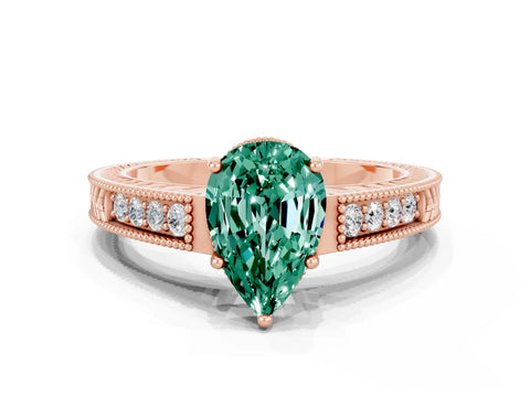 Rose gold Pear Cut Green Sapphire Engagement Ring with Milgrain Channel Set Band and Prong Setting