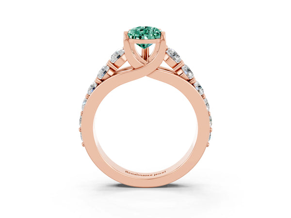Rose gold Pear Cut Green Sapphire Engagement Ring with Pavé Band and Four-Prong Setting