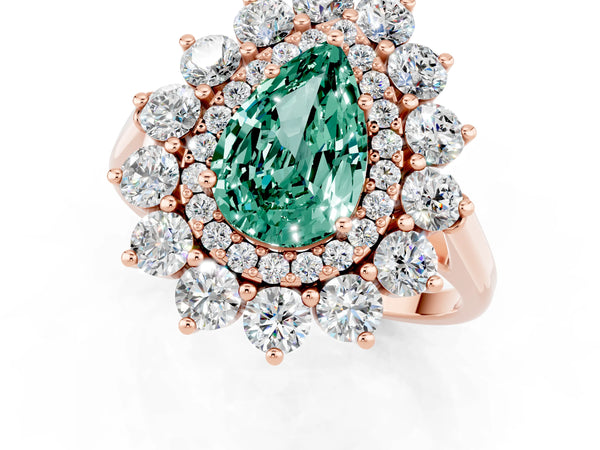 Rose gold Pear Cut Green Sapphire Floral Double Halo Engagement Ring with Prong Setting