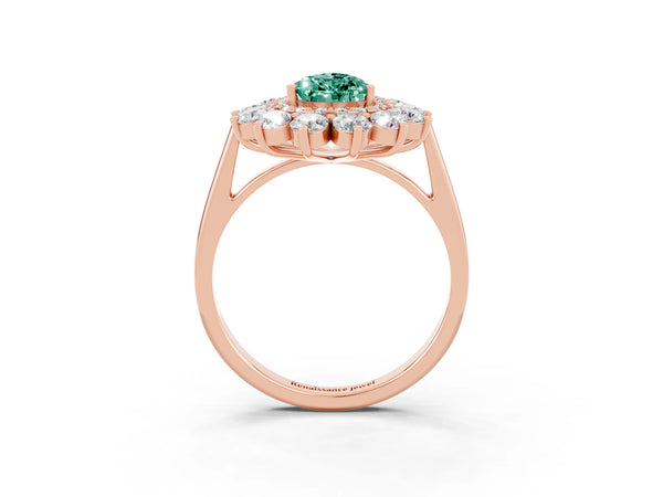 Rose gold Pear Cut Green Sapphire Floral Double Halo Engagement Ring with Prong Setting