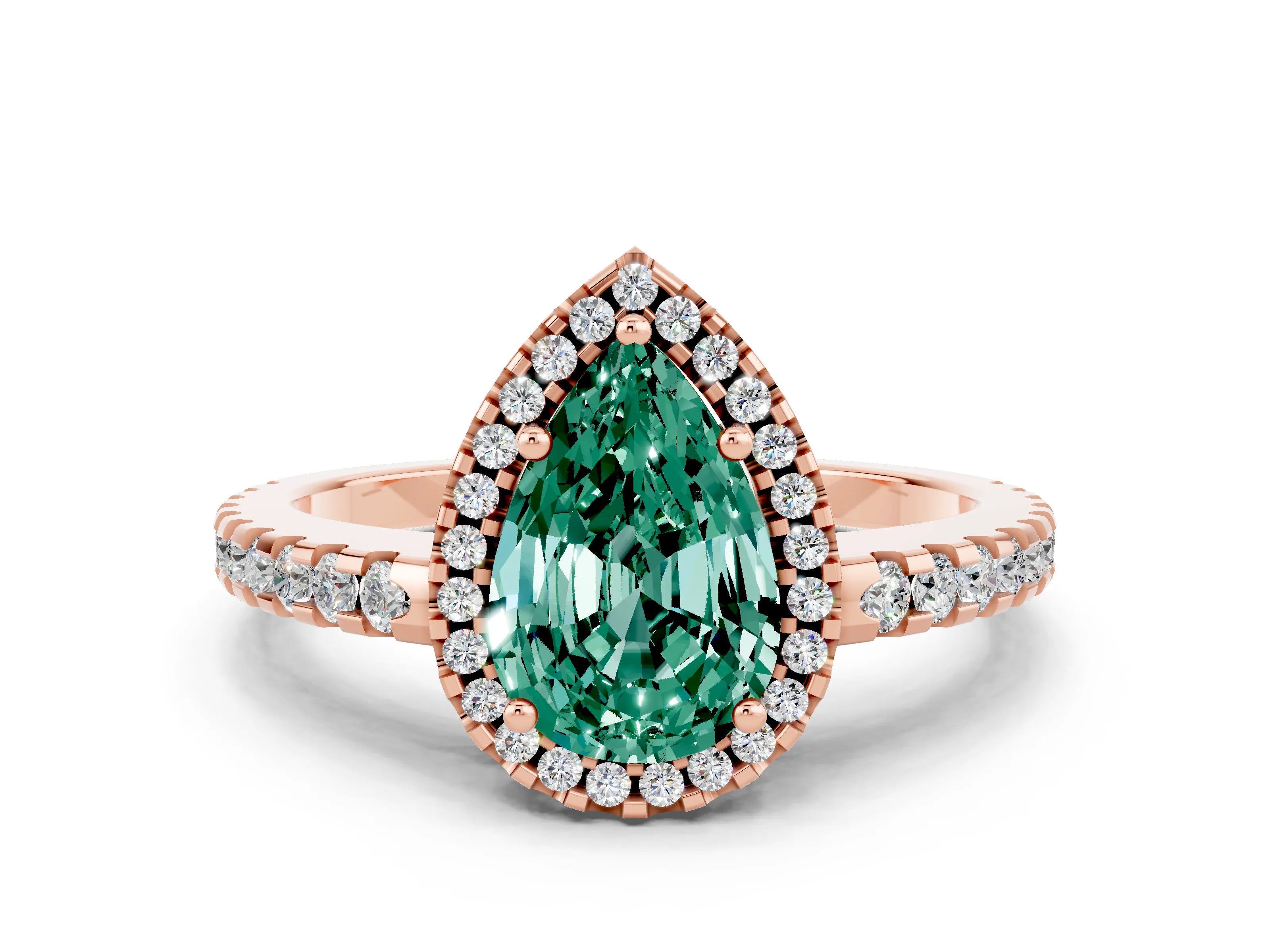 Rose gold Pear Cut Green Sapphire Halo Engagement Ring with Pavé Band and Prong Setting_12