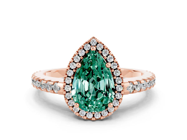 Rose gold Pear Cut Green Sapphire Halo Engagement Ring with Pavé Band and Prong Setting