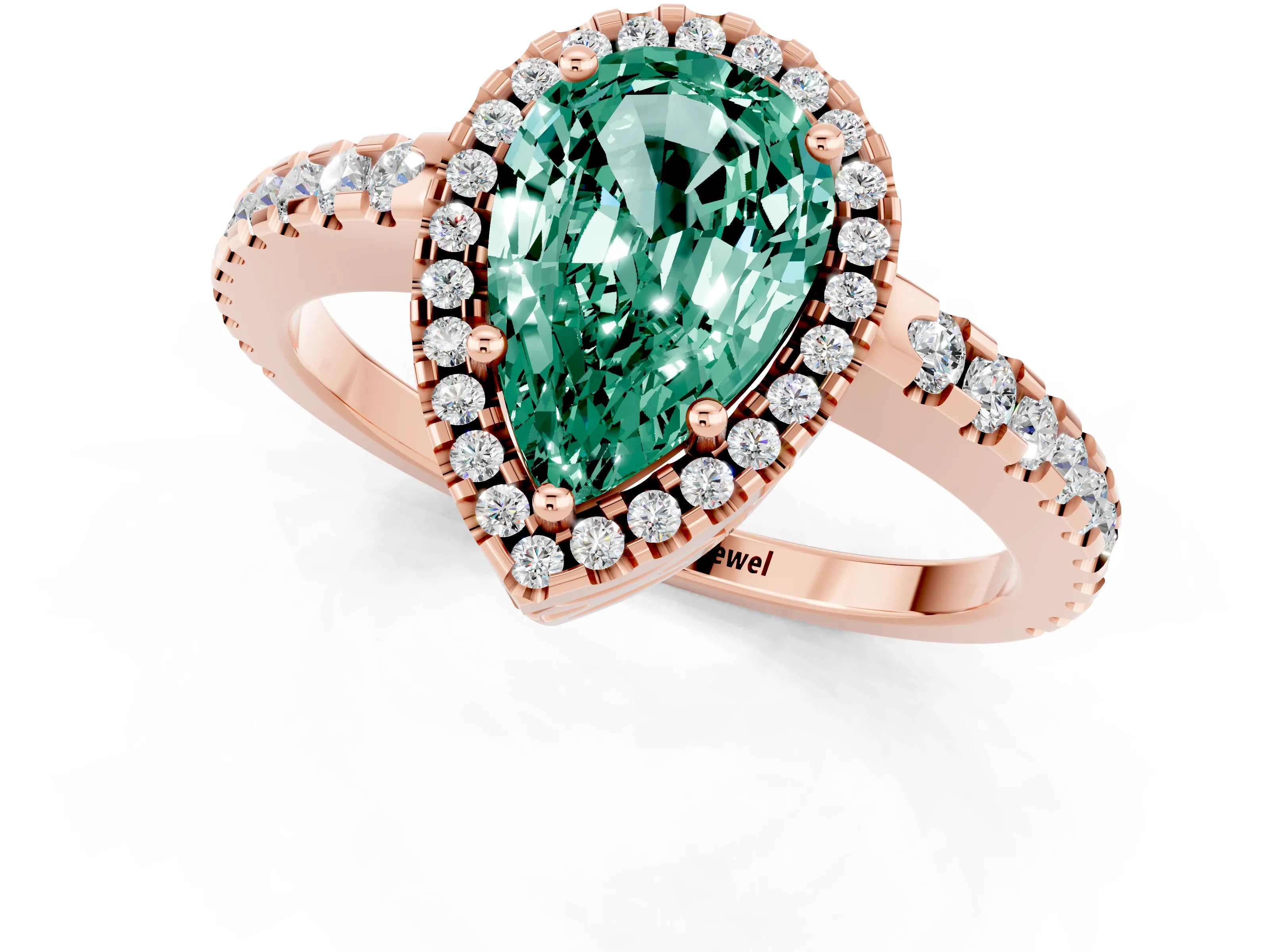 Rose gold Pear Cut Green Sapphire Halo Engagement Ring with Pavé Band and Prong Setting_13