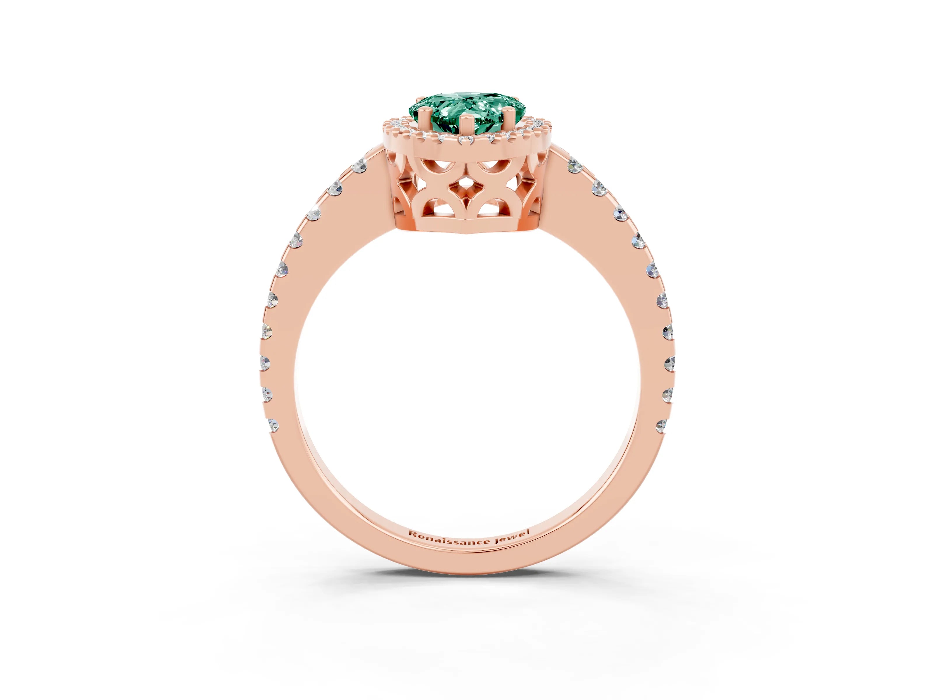 Rose gold Pear Cut Green Sapphire Halo Engagement Ring with Pavé Band and Prong Setting_15
