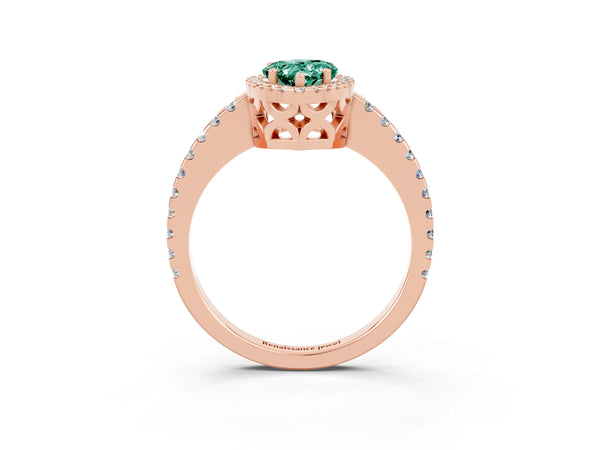 Rose gold Pear Cut Green Sapphire Halo Engagement Ring with Pavé Band and Prong Setting