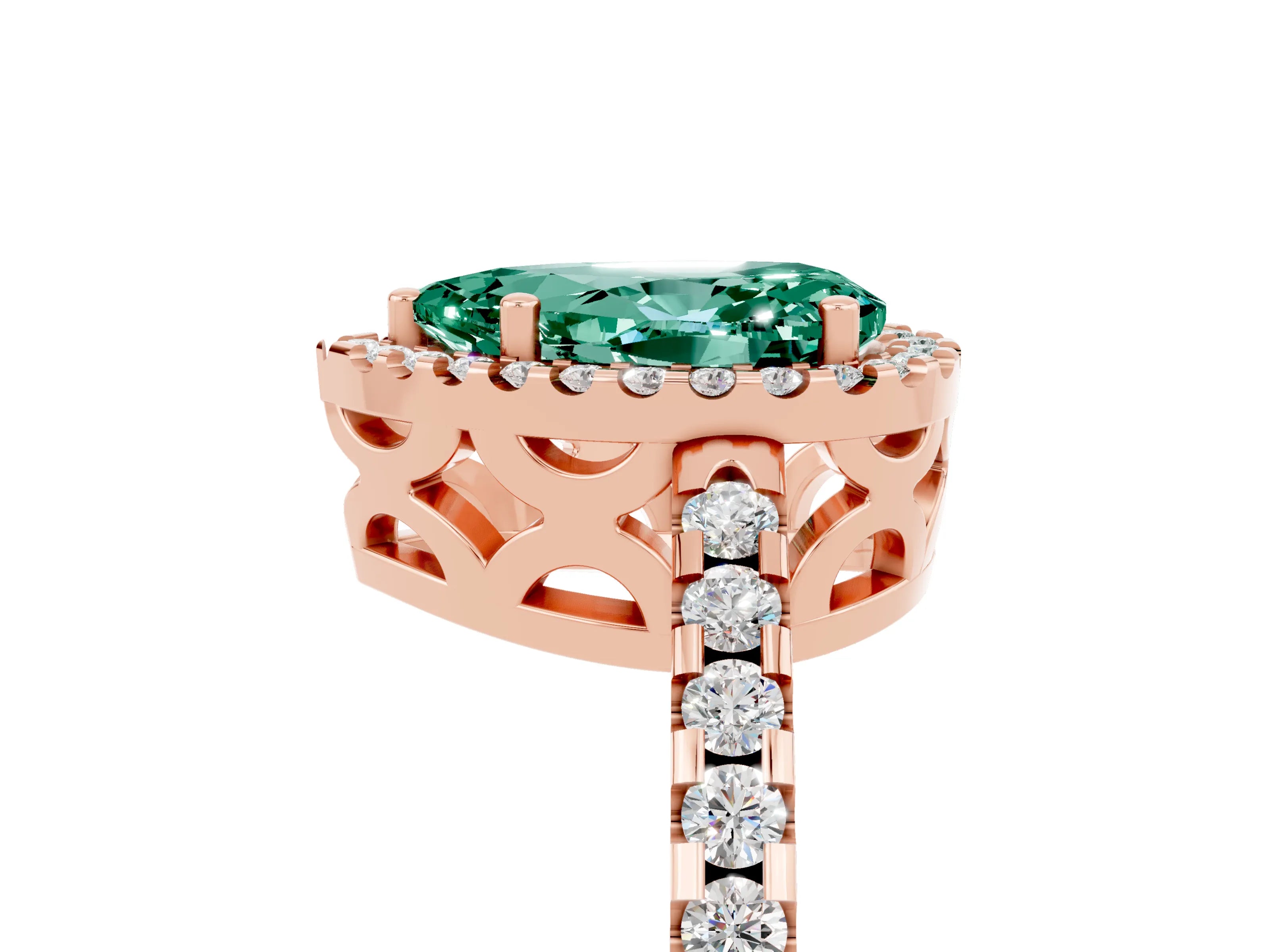 Rose gold Pear Cut Green Sapphire Halo Engagement Ring with Pavé Band and Prong Setting_17
