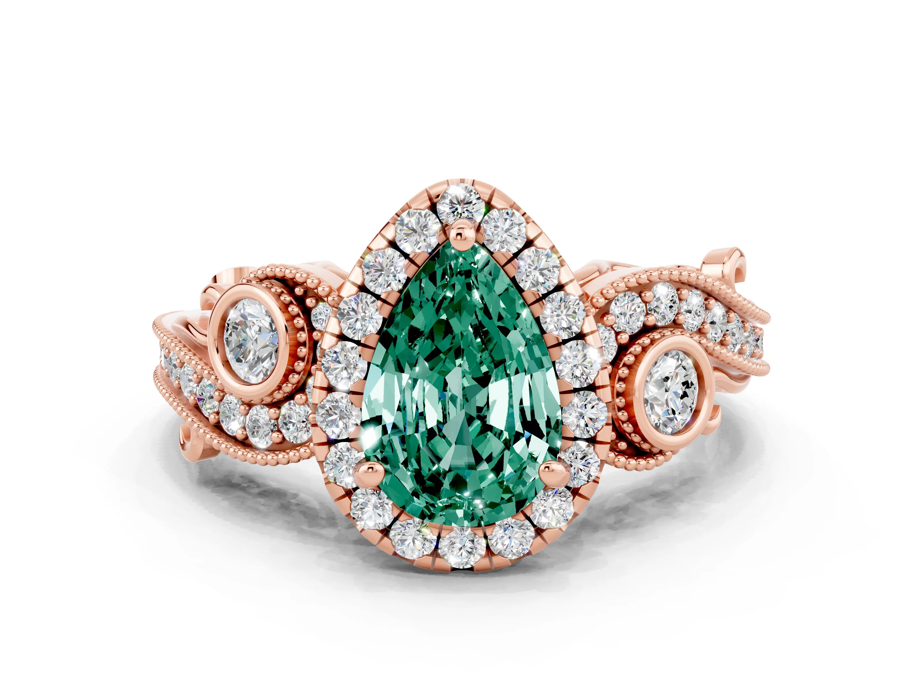 Rose gold Pear Cut Green Sapphire Halo Ring with Milgrain Pavé Band and Four-Prong Setting_12