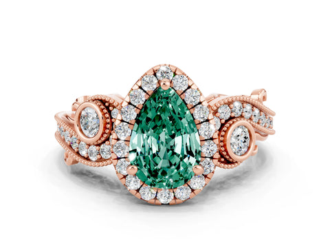 Rose gold Pear Cut Green Sapphire Halo Ring with Milgrain Pavé Band and Four-Prong Setting_12