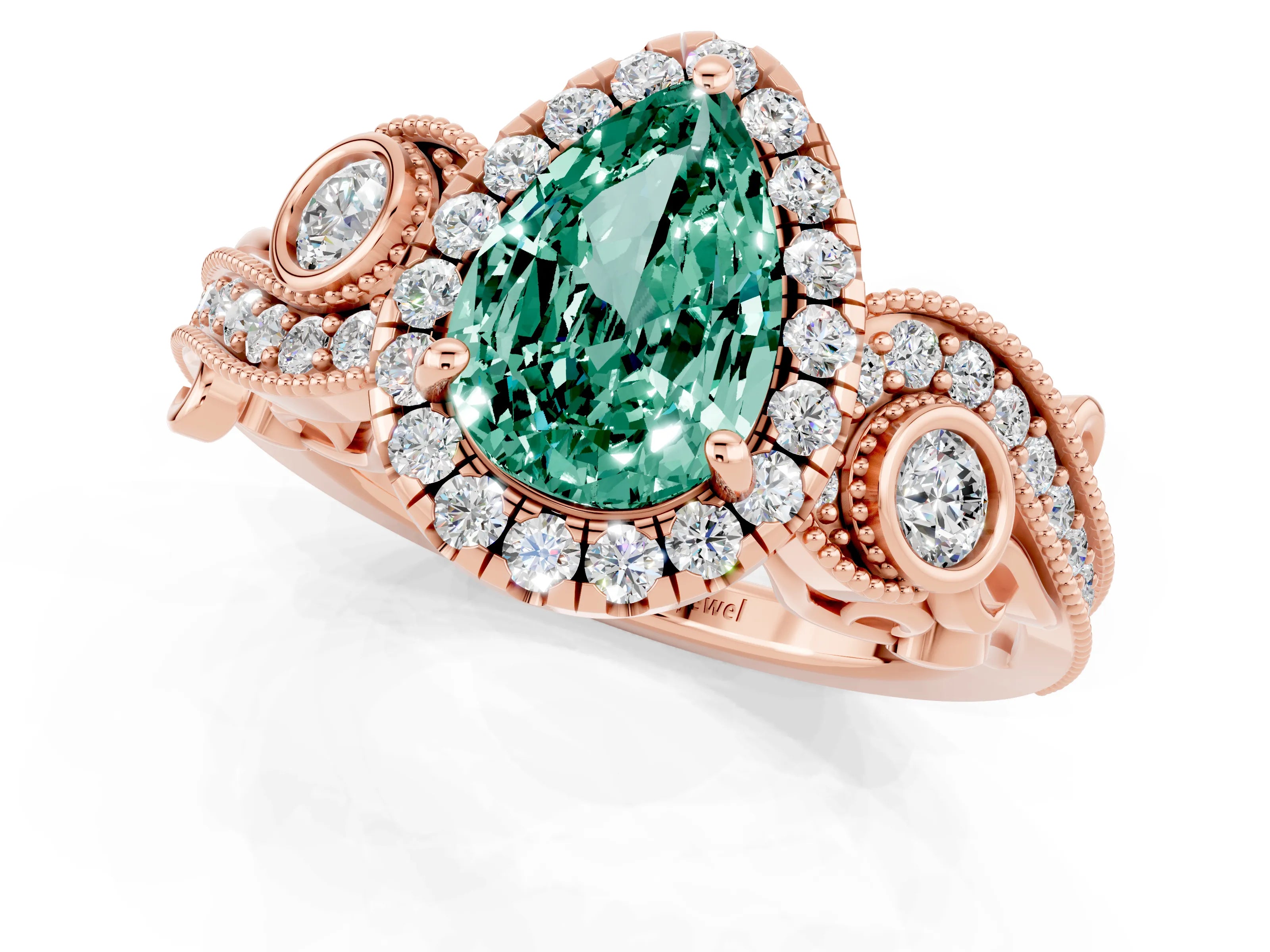 Rose gold Pear Cut Green Sapphire Halo Ring with Milgrain Pavé Band and Four-Prong Setting_13