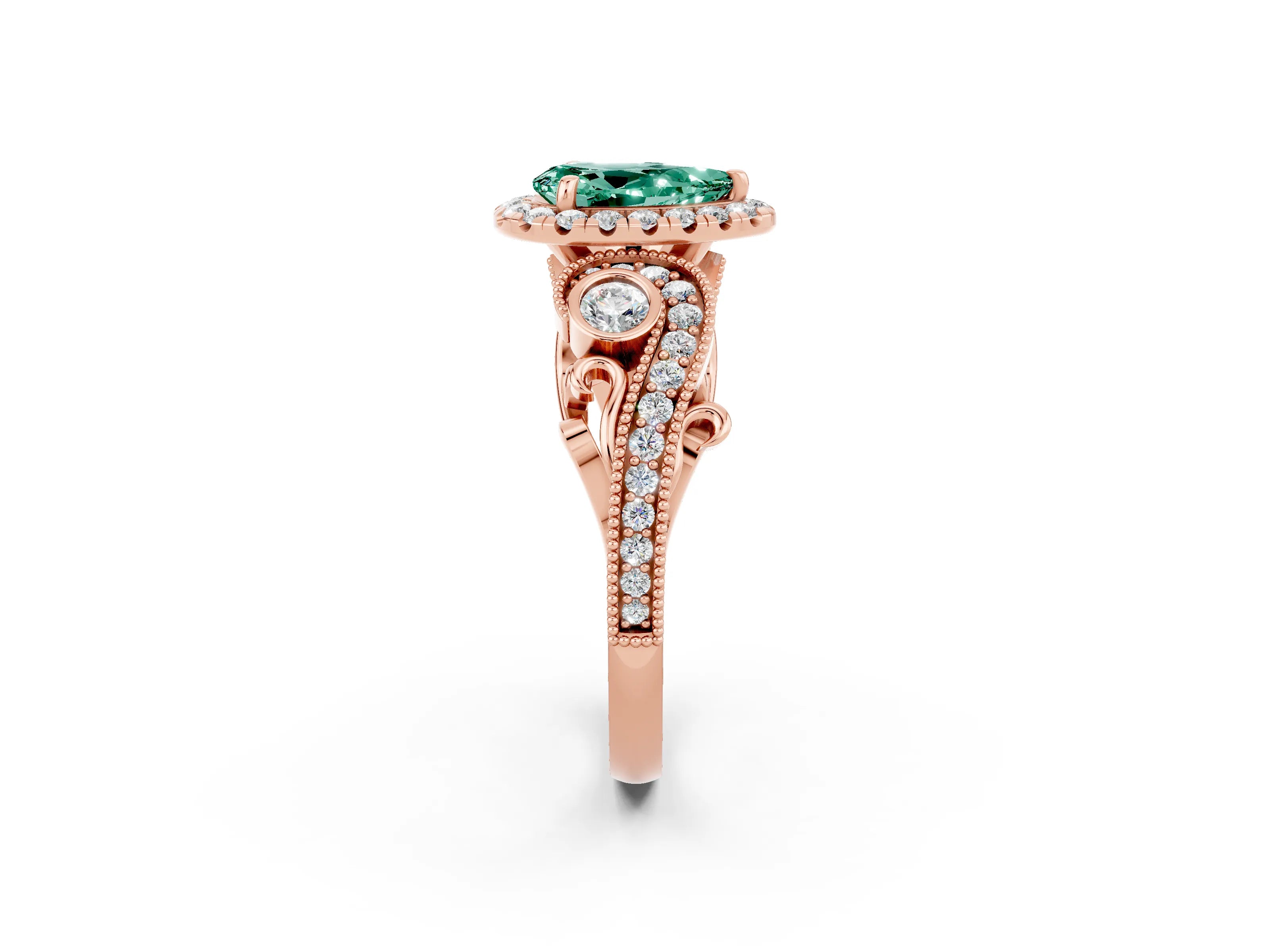 Rose gold Pear Cut Green Sapphire Halo Ring with Milgrain Pavé Band and Four-Prong Setting_14