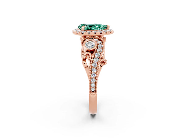 Rose gold Pear Cut Green Sapphire Halo Ring with Milgrain Pavé Band and Four-Prong Setting
