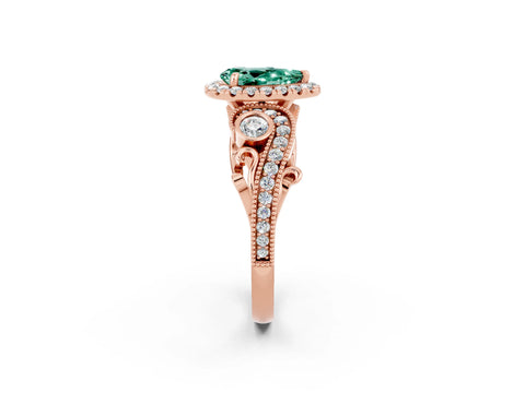 Rose gold Pear Cut Green Sapphire Halo Ring with Milgrain Pavé Band and Four-Prong Setting_14