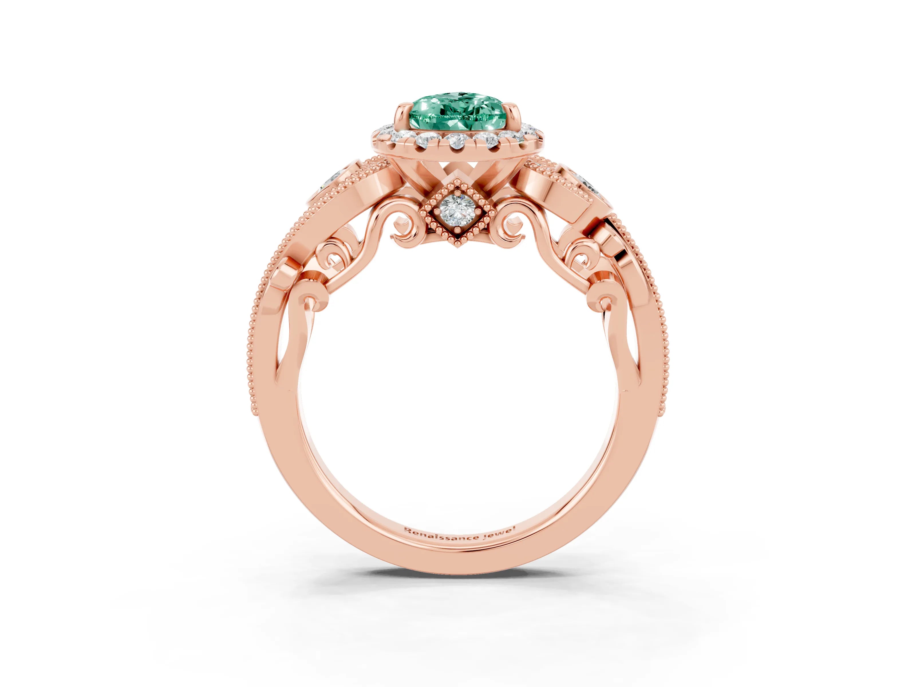Rose gold Pear Cut Green Sapphire Halo Ring with Milgrain Pavé Band and Four-Prong Setting_15