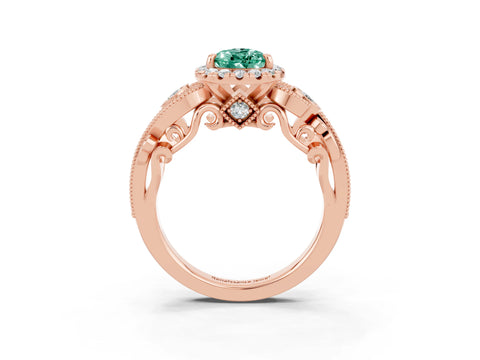 Rose gold Pear Cut Green Sapphire Halo Ring with Milgrain Pavé Band and Four-Prong Setting_15