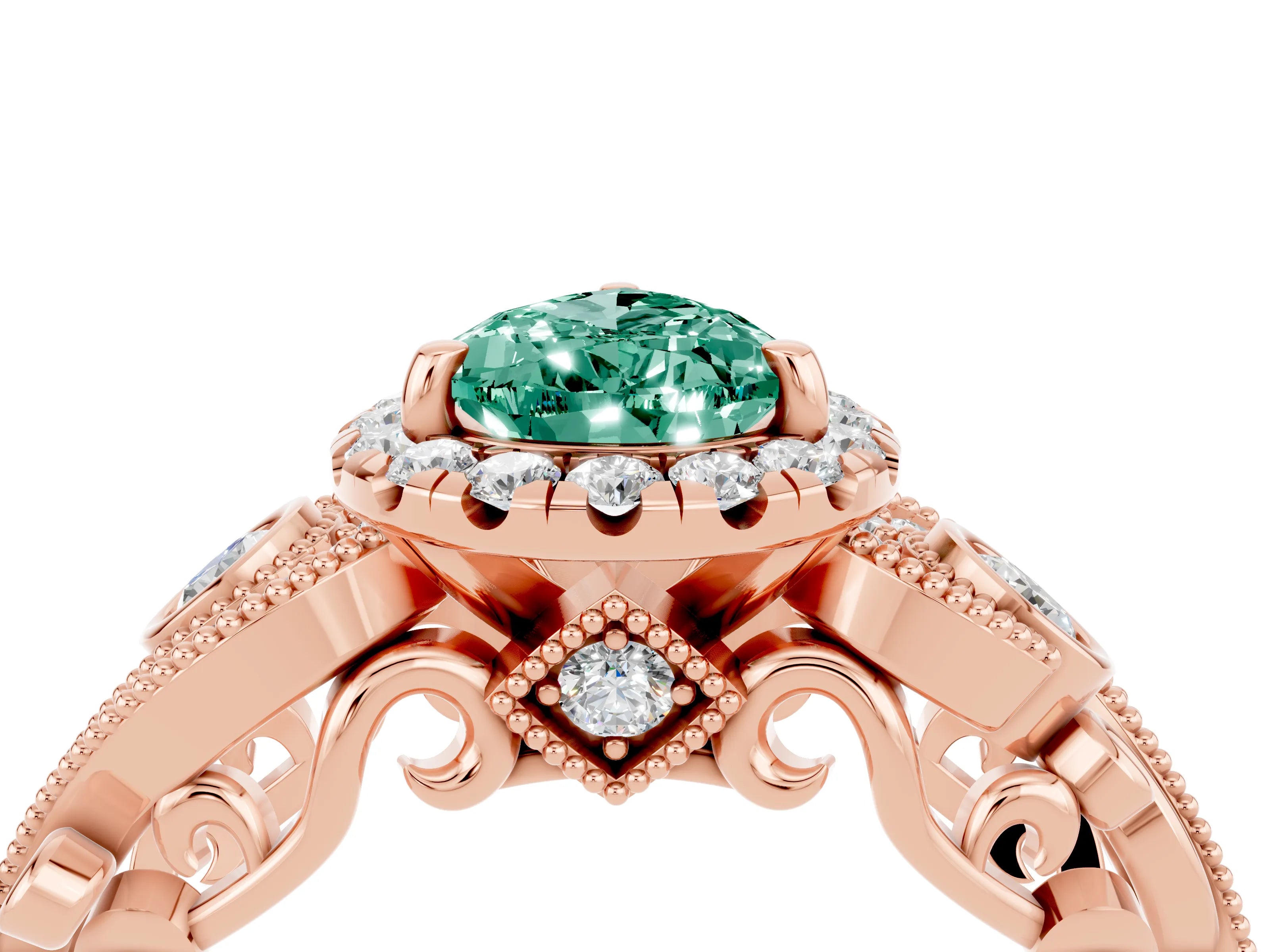 Rose gold Pear Cut Green Sapphire Halo Ring with Milgrain Pavé Band and Four-Prong Setting_16
