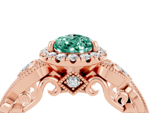 Rose gold Pear Cut Green Sapphire Halo Ring with Milgrain Pavé Band and Four-Prong Setting_16