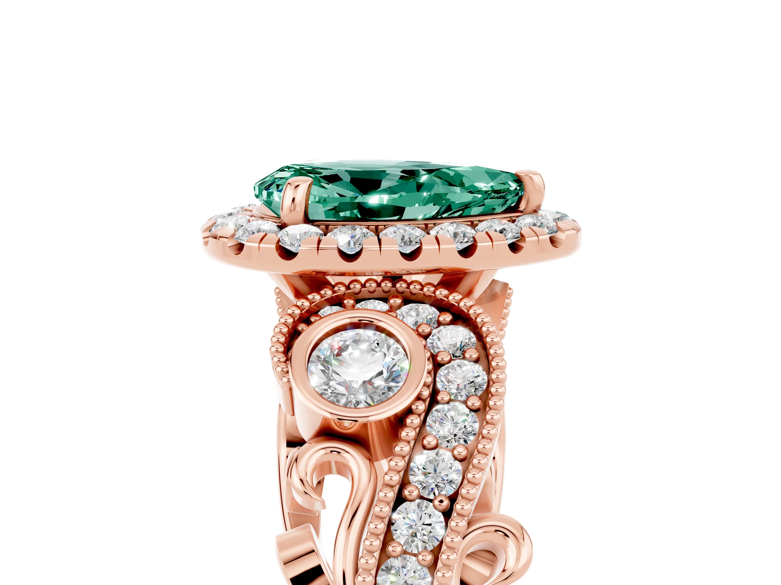Rose gold Pear Cut Green Sapphire Halo Ring with Milgrain Pavé Band and Four-Prong Setting_17